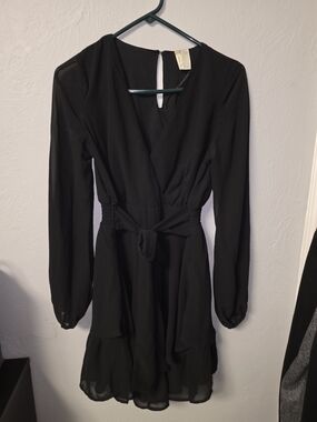Japna Black Long-Sleeve Wrap-Ruffle Dress with Waist Tie